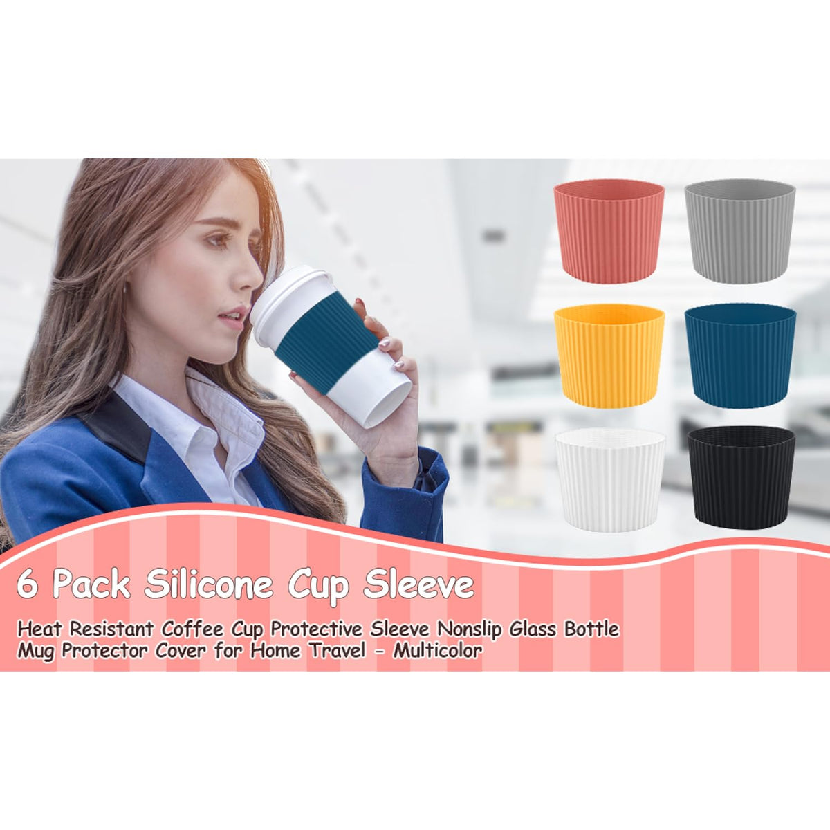 6 Pack Silicone Cup Sleeve Heat Resistant Coffee