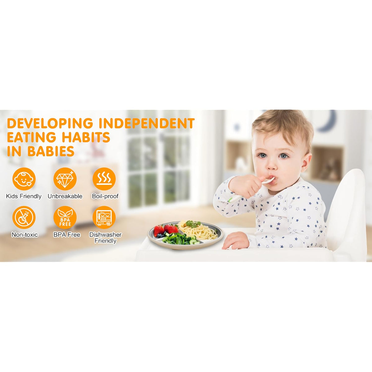 Stainless Steel Toddler Plates with Suction, 4 Pack