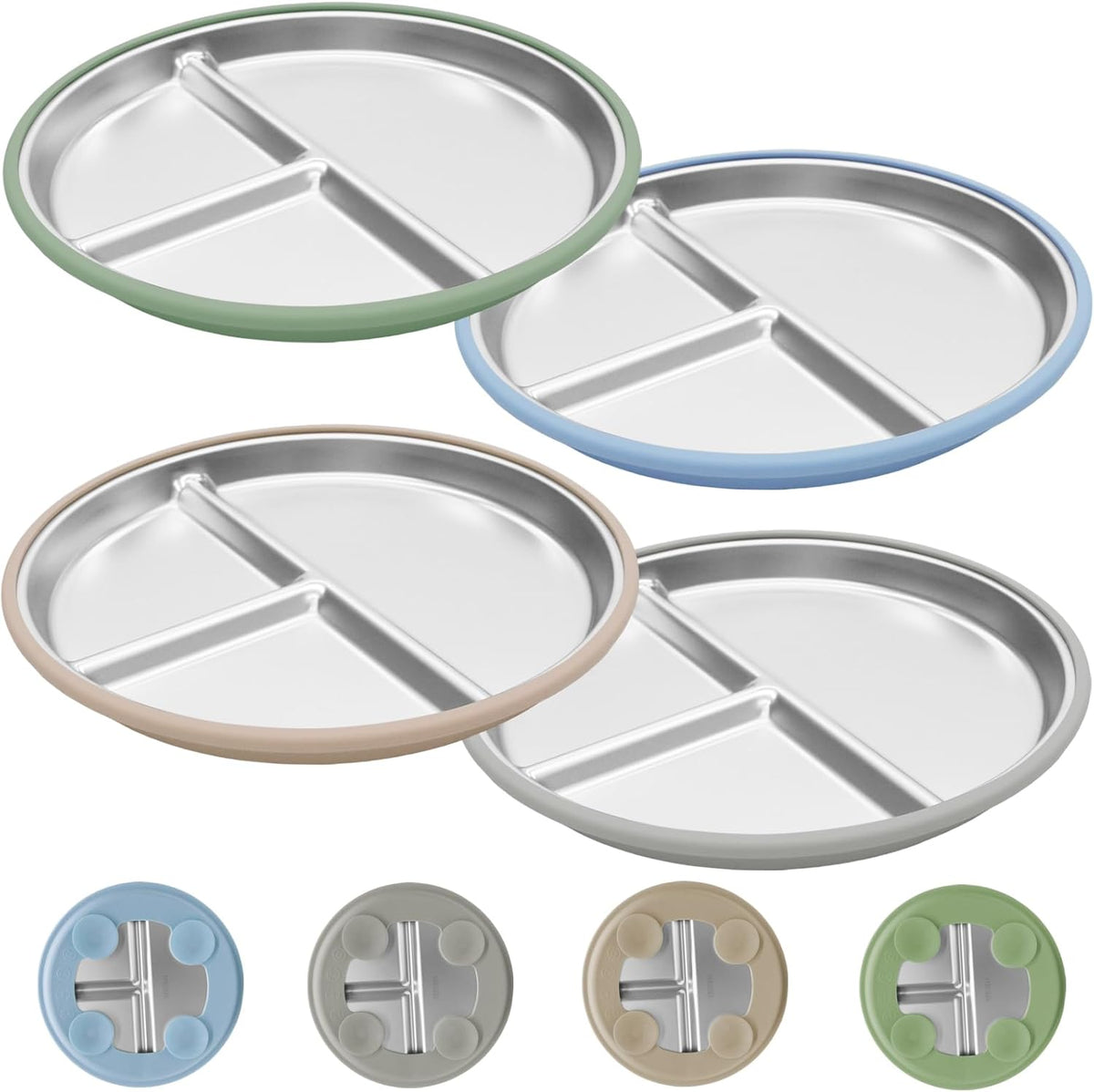 Stainless Steel Toddler Plates with Suction, 4 Pack