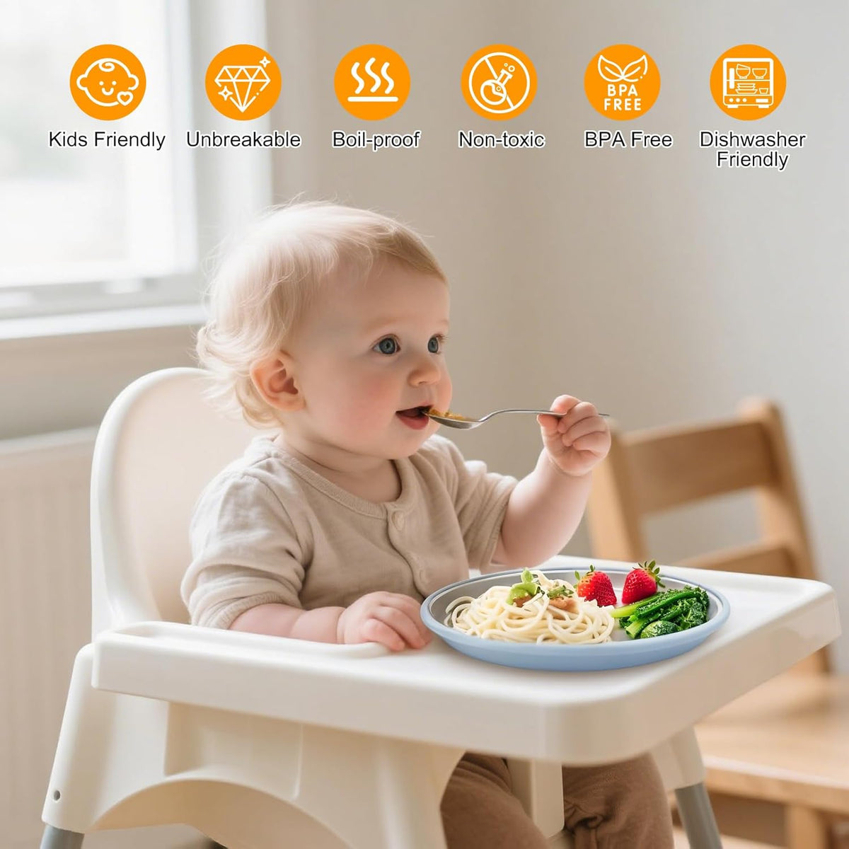 Stainless Steel Toddler Plates with Suction, 4 Pack
