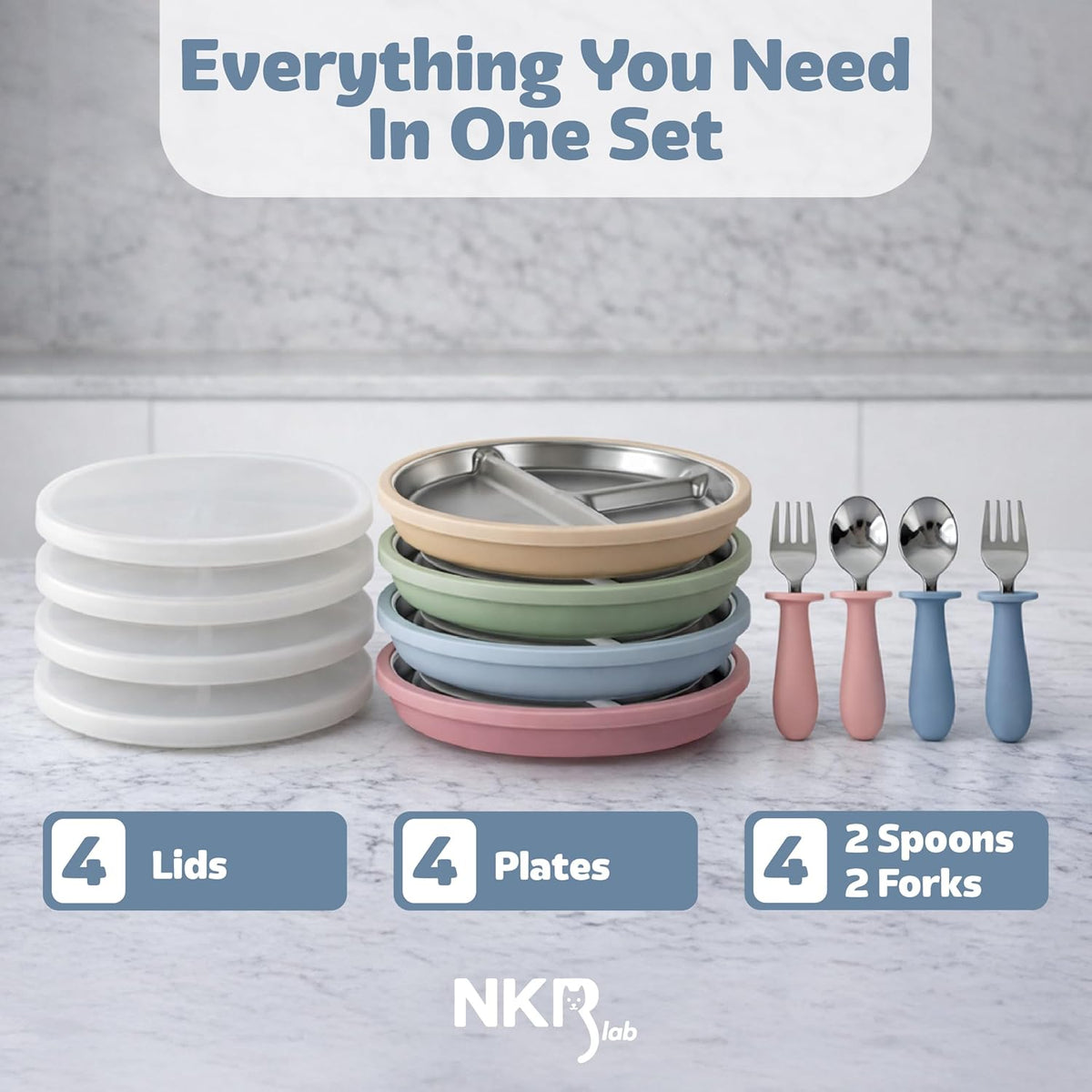 Stainless Steel Toddler Plates with Suction – 4 Pack