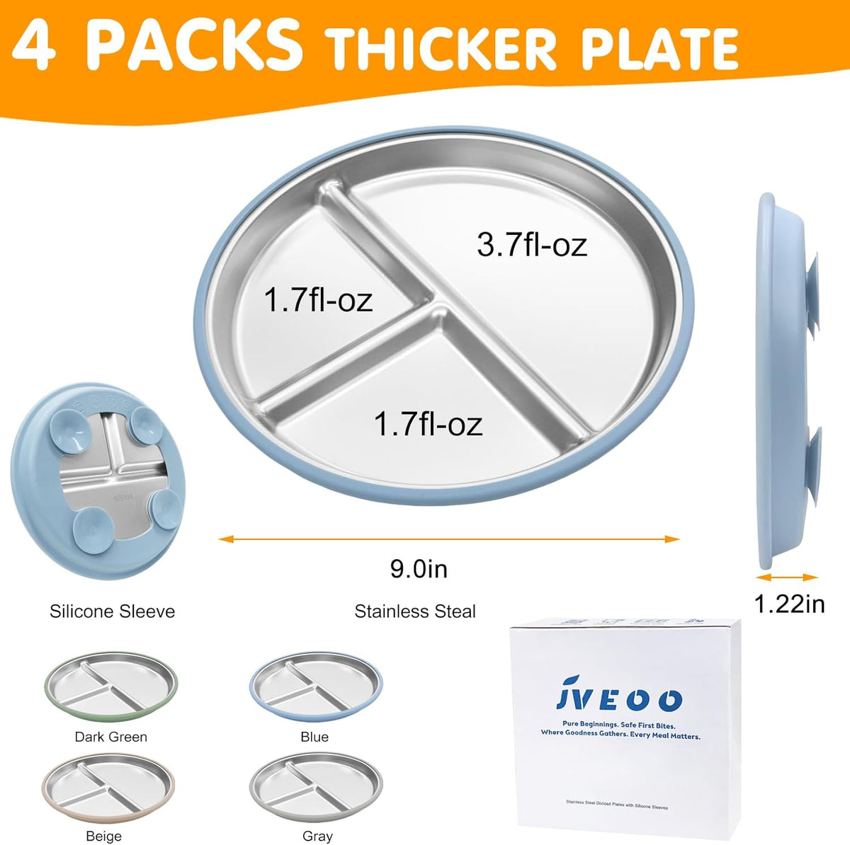 Stainless Steel Toddler Plates with Suction, 4 Pack