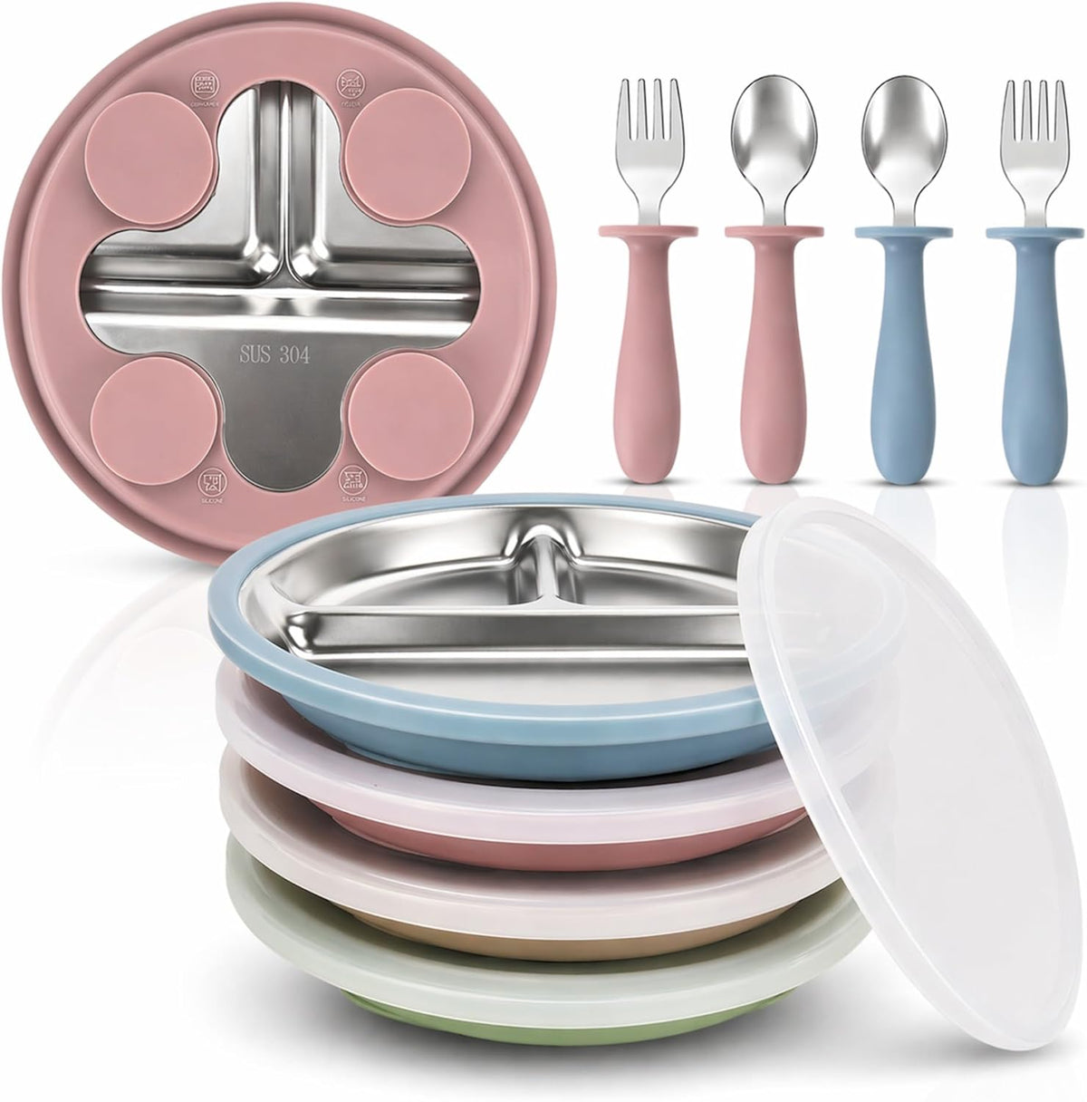 Stainless Steel Toddler Plates with Suction – 4 Pack