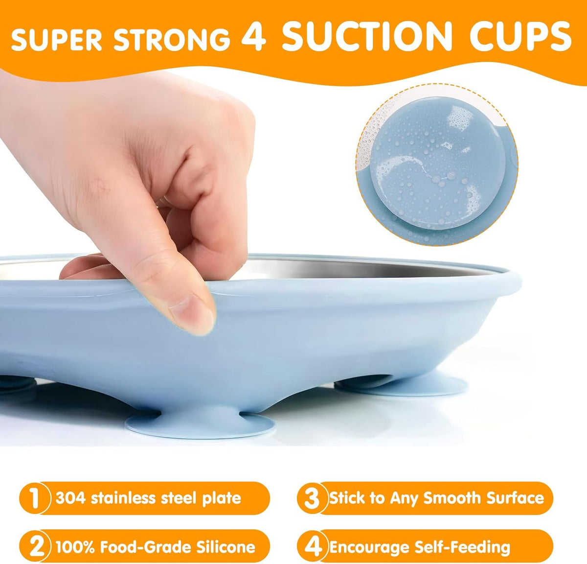 Stainless Steel Toddler Plates with Suction, 4 Pack