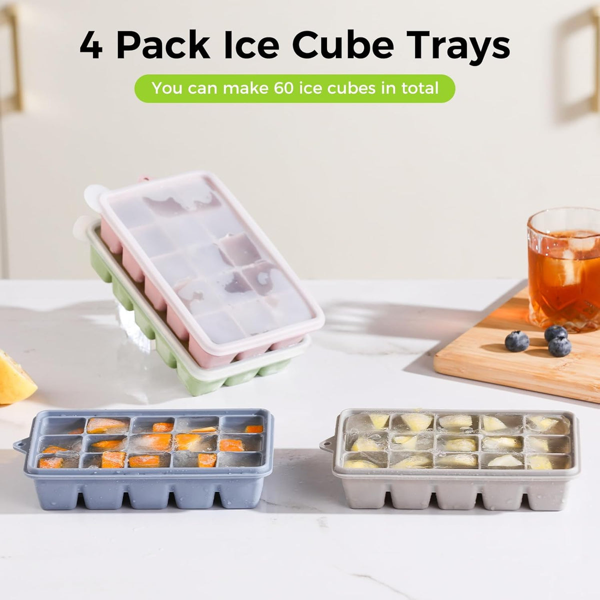 Silicone Ice Cube Trays with Lid, Set of 4
