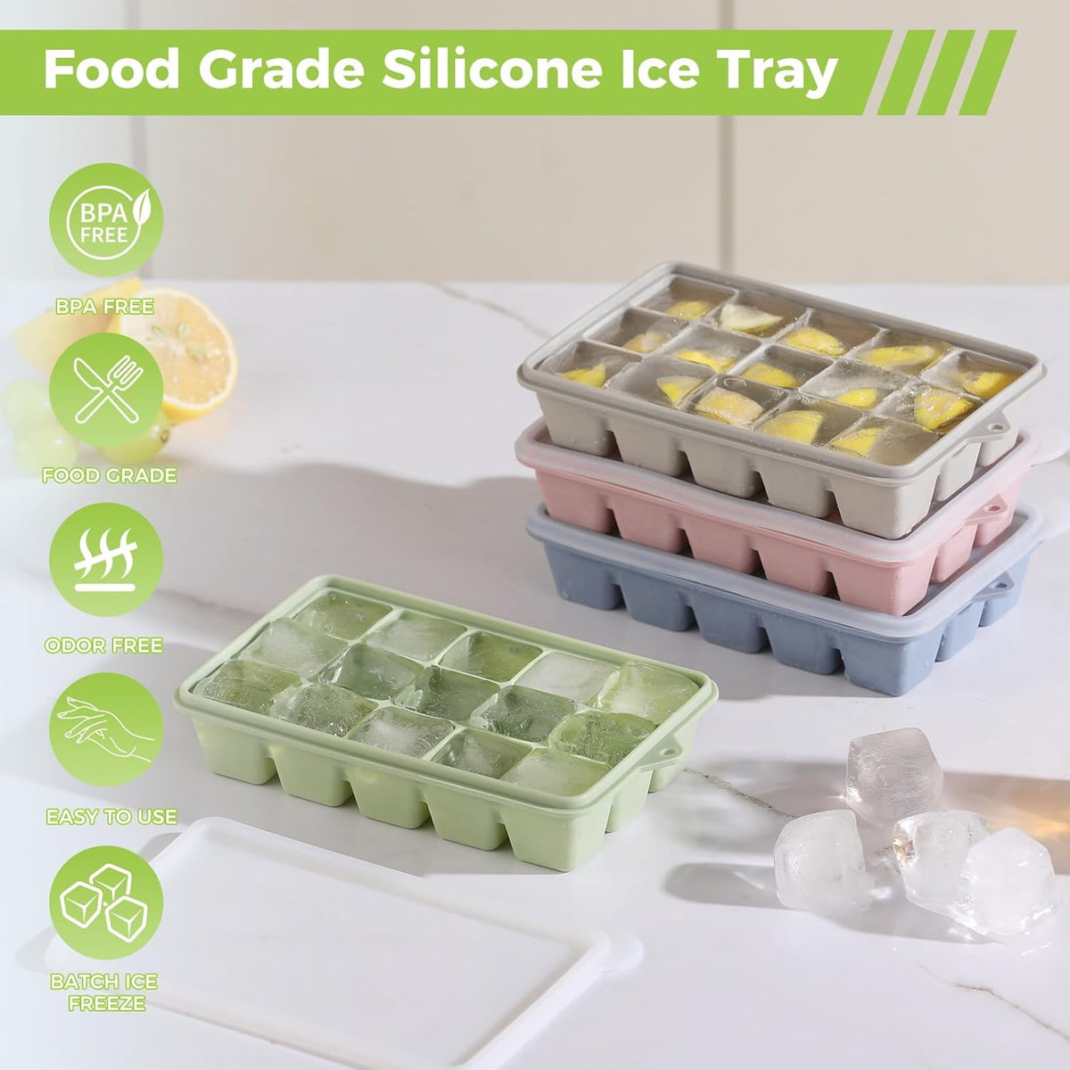 Silicone Ice Cube Trays with Lid, Set of 4