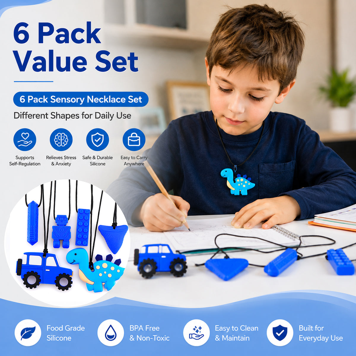 Chew Necklaces for Sensory Needs, 6 Pack Silicone Chew Jewelry, Soft & Durable Oral Chew Toy, BPA Free Textured Fidget Necklace for Kids & Adults