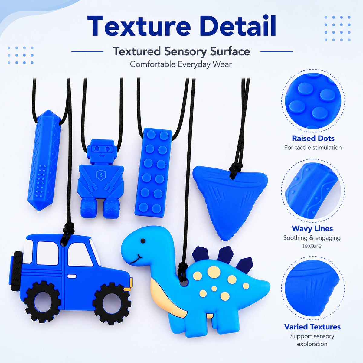 Chew Necklaces for Sensory Needs, 6 Pack Silicone Chew Jewelry, Soft & Durable Oral Chew Toy, BPA Free Textured Fidget Necklace for Kids & Adults
