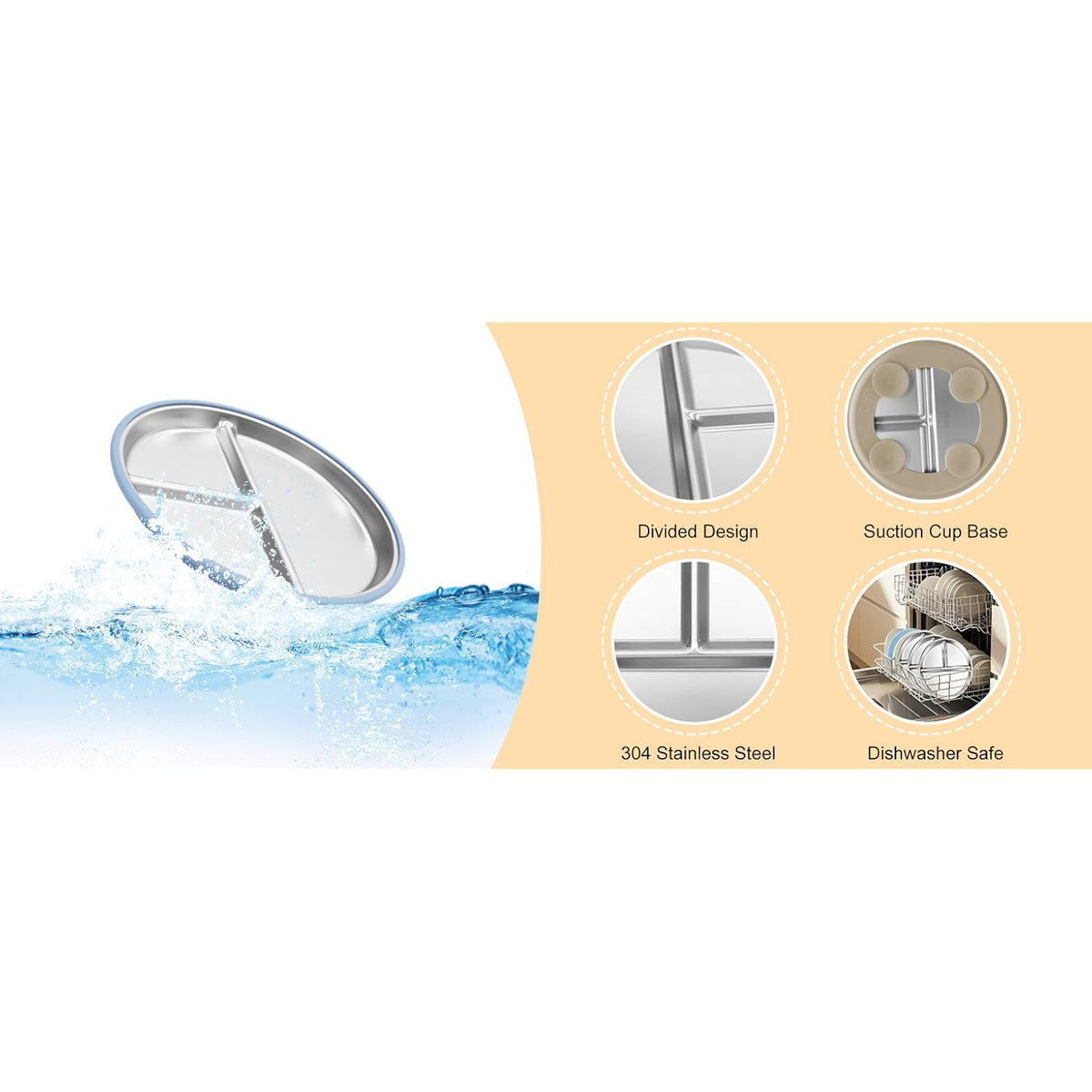 Stainless Steel Toddler Plates with Suction, 4 Pack